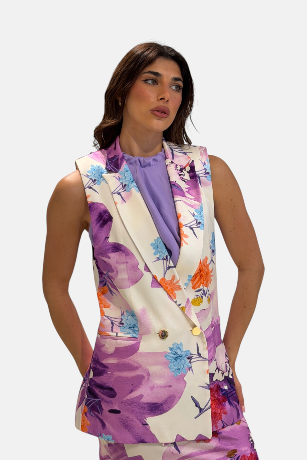 P6090-FIORICICLAMINO/PANNA - GILET - MOQÈTTE